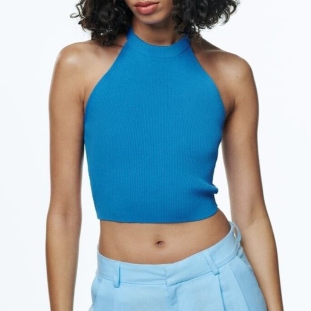 Zara Rib Knit Crop Top Blue Halter Tie Neck